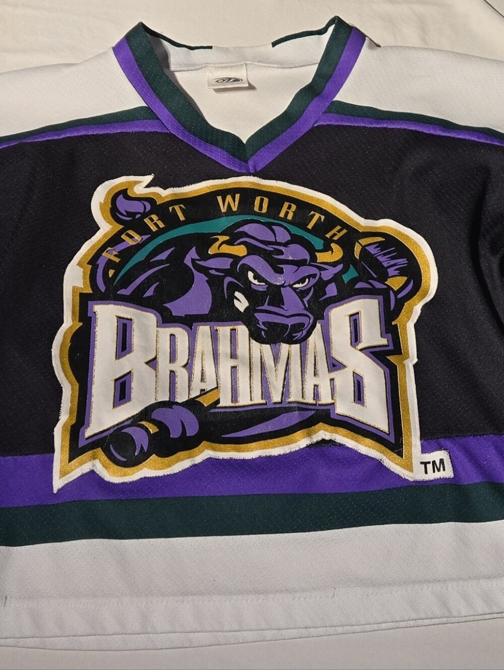 Ft Worth Brahmas Hockey Jersey Black White with Purple & Dark Green Trim